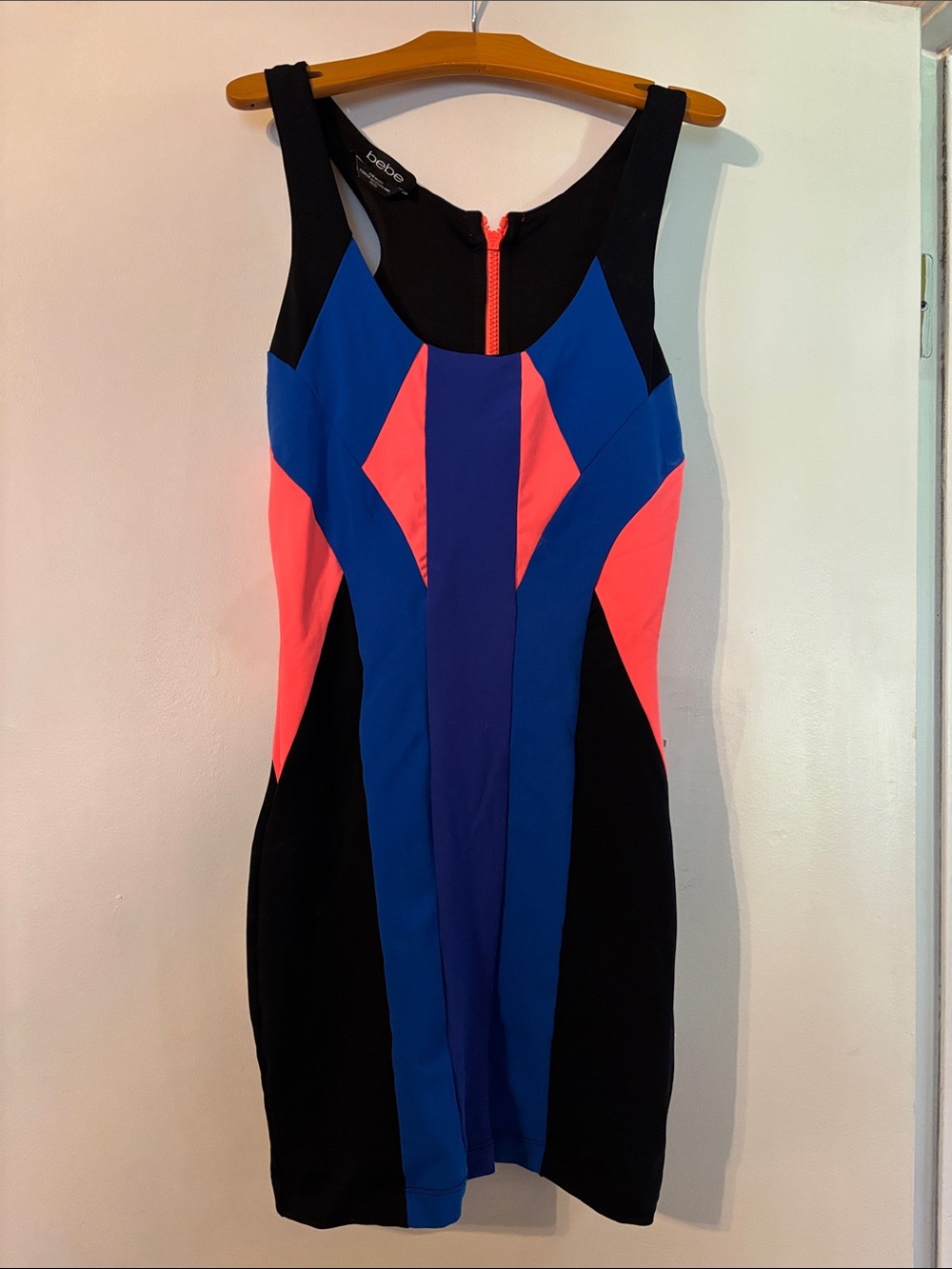 bebe Black Sheath Dress with Blue & Pink Panels